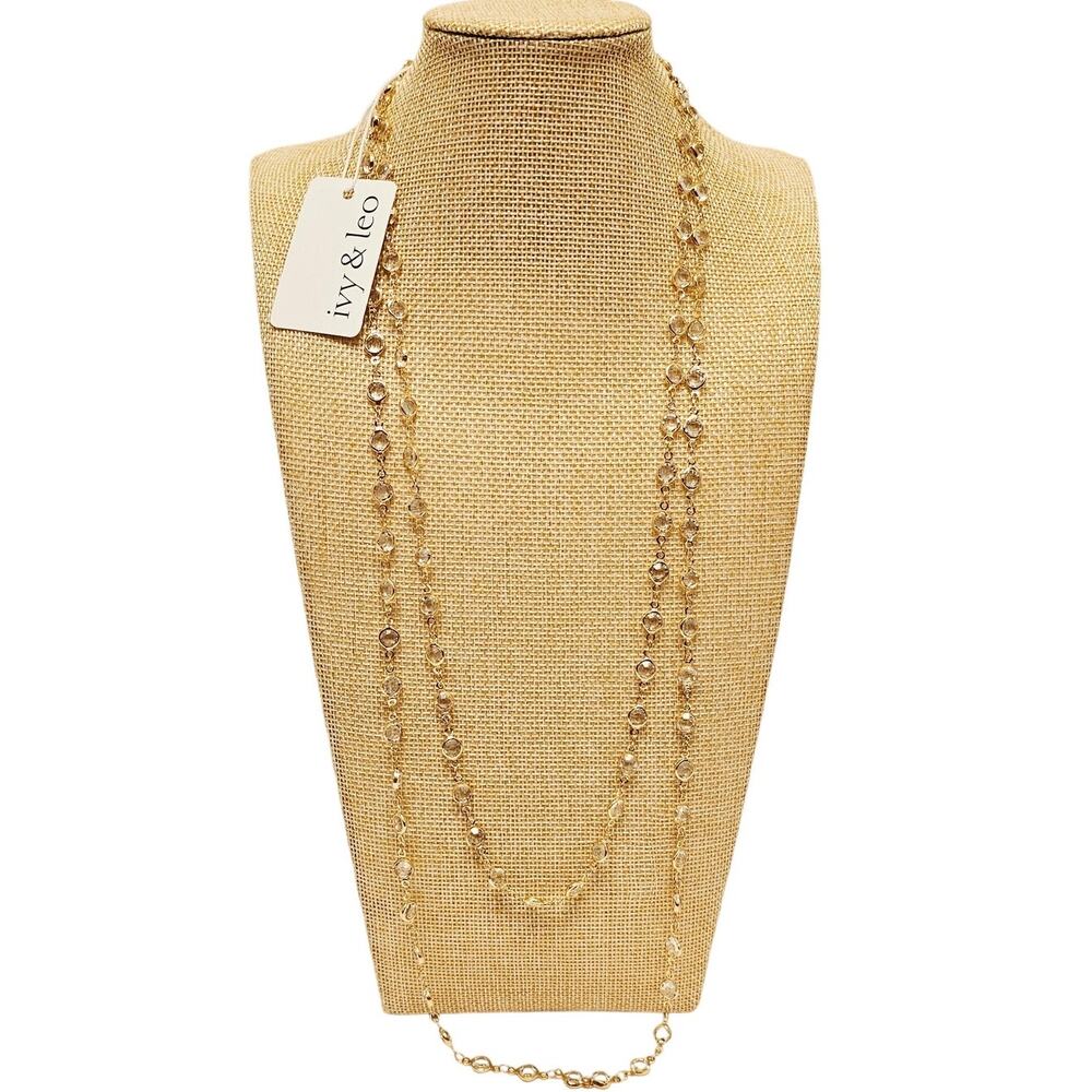 Gold Tone Crystal Station Necklace Long 53in Faceted Glass Ivy & Leo Necklace